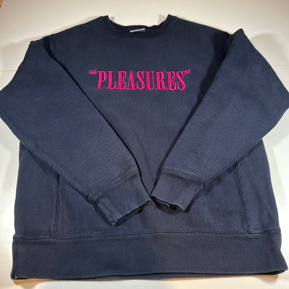 Men’s Long Sleeve Pleasures Embroidered Logo Crewneck Sweatshirt Navy Blue sz S
